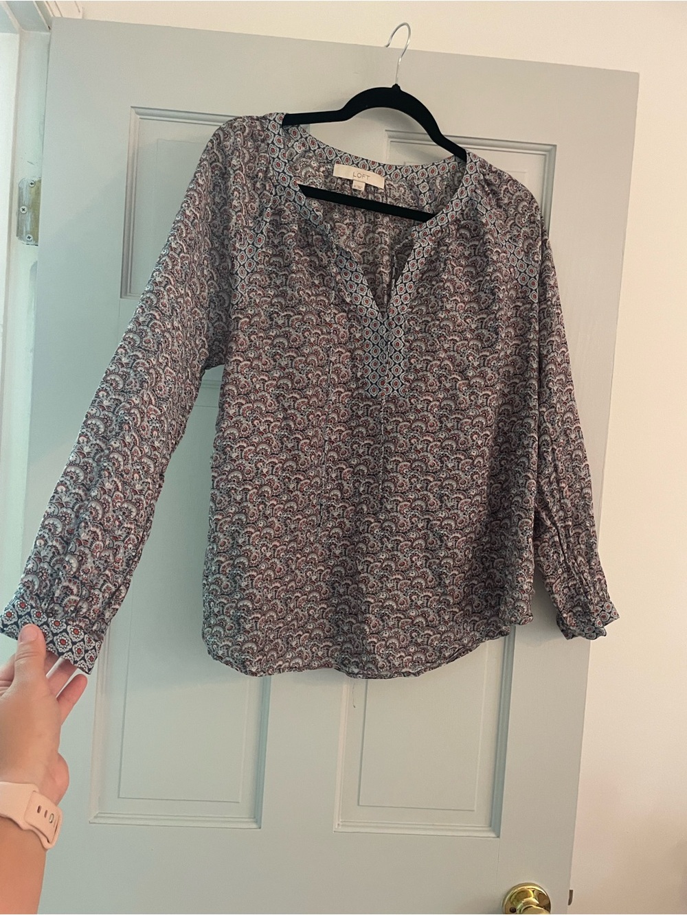 LOFT Blue Multi Paisley Split-Neck Long Sleeve Blouse